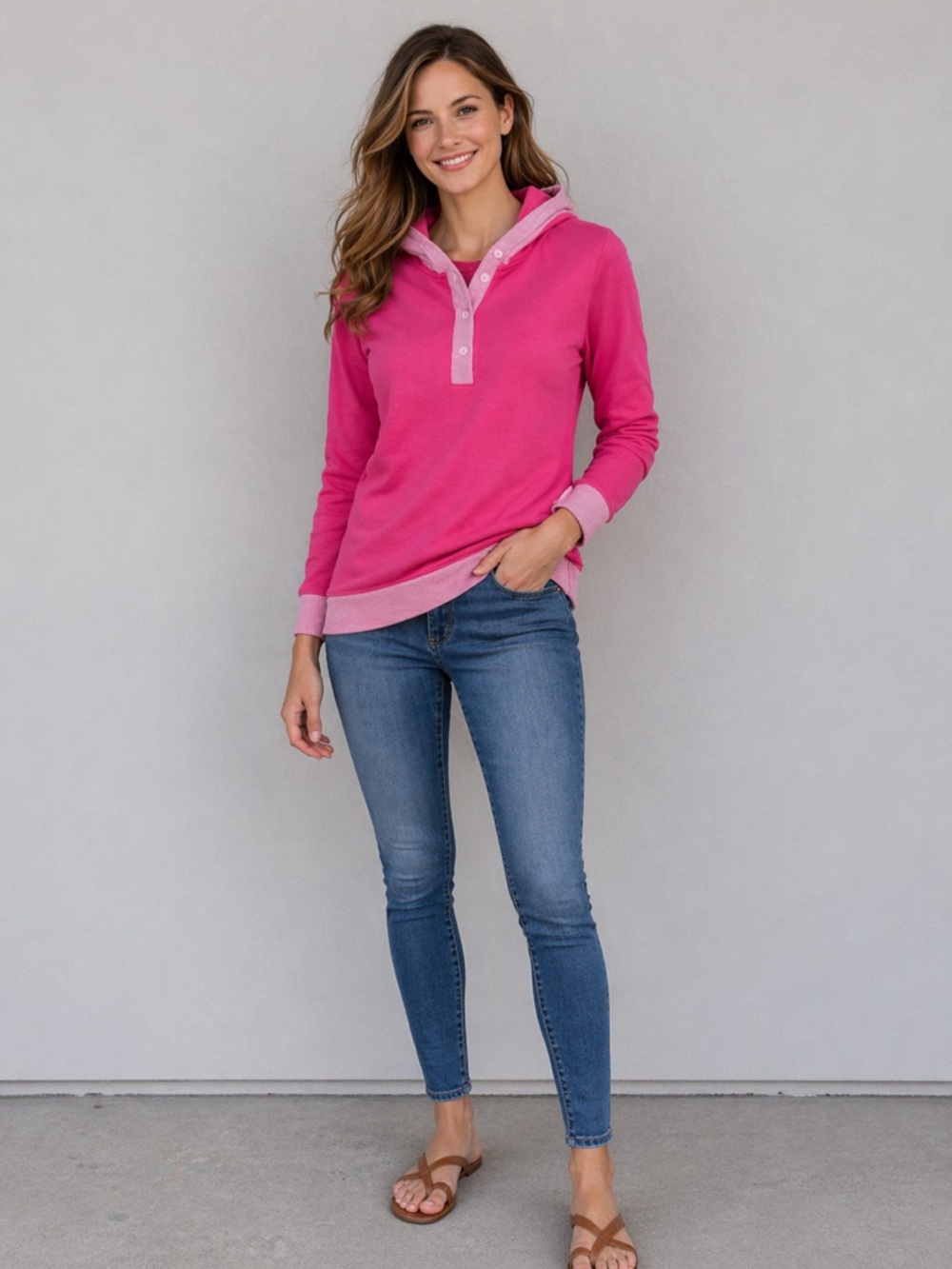 Lands End Serious Sweats Hoodie Womens 1X Pink Henley Pullover Sweatshirt